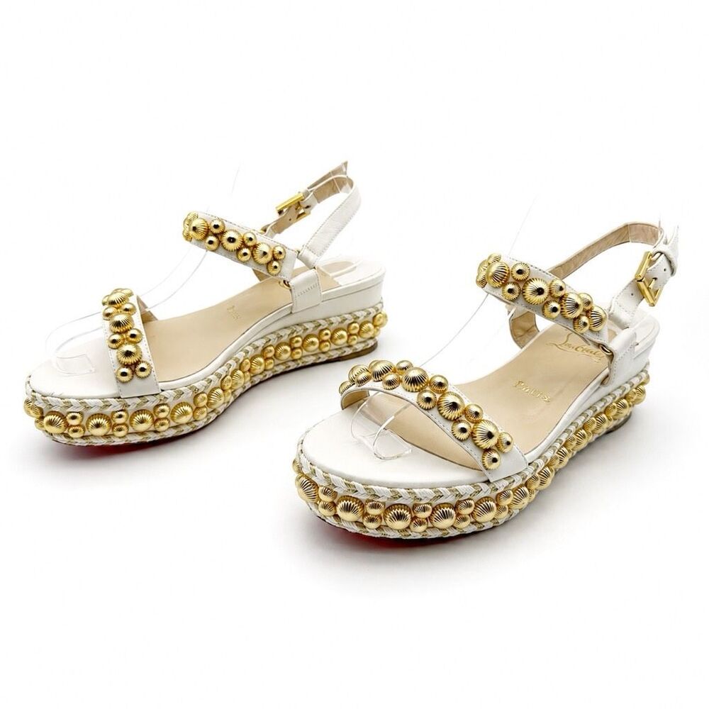 CHRISTIAN LOUBOUTIN Rondaclou Studded Chunky Wedge Heels Size 37 Sandals White